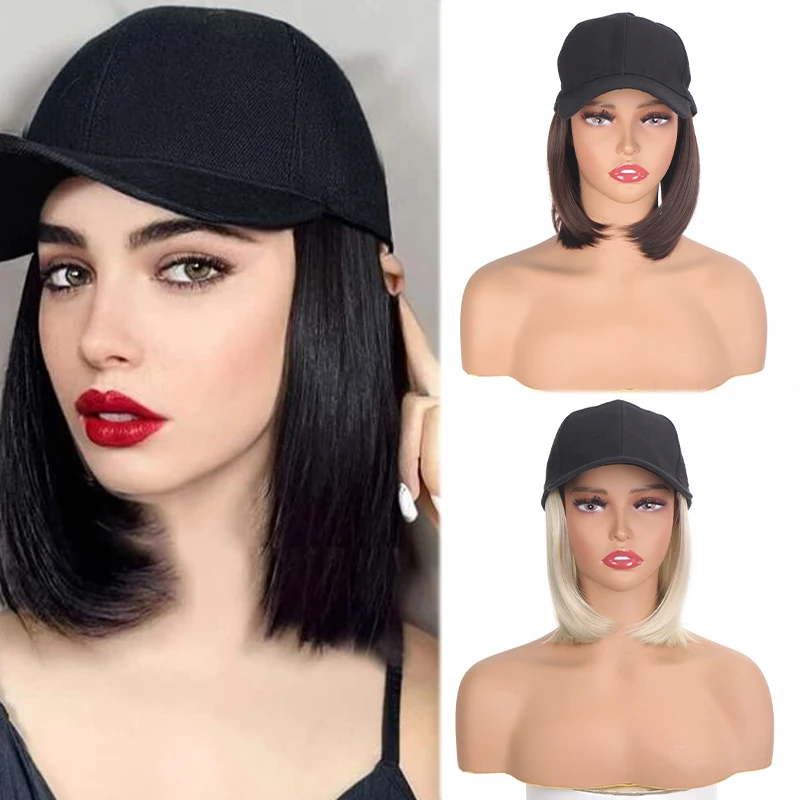 Synthetic Hat Wig Hair Extension Short Bob Cap Straight Hair Black Cap Fashionable And Heat-resistant Women's Wig Cap