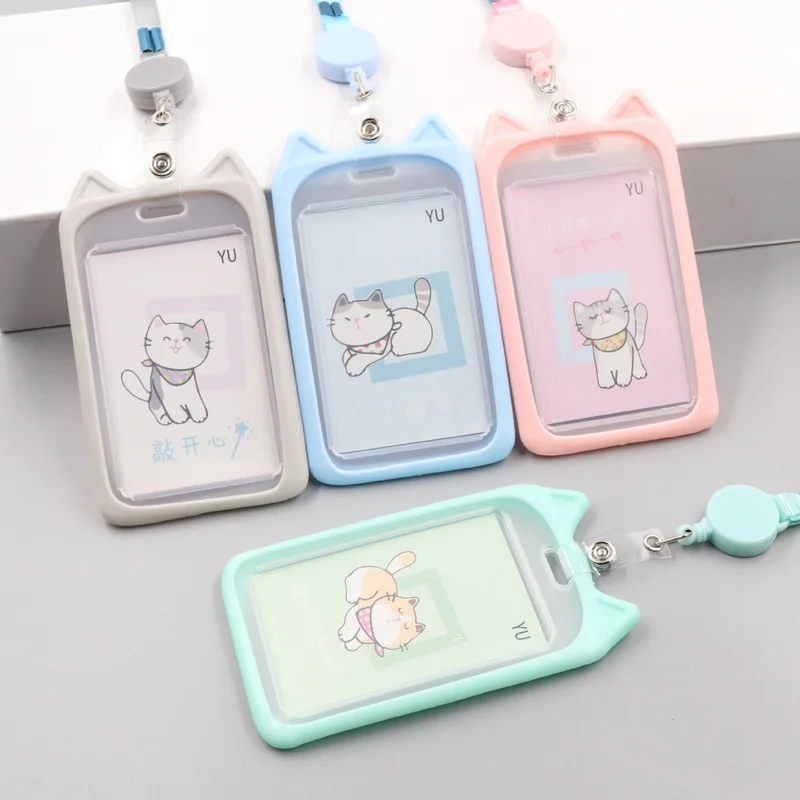 1PC Nette Cartoon Katze Karte Halter Bank Identität Bus ID Karte Halter Fall mit Versenkbare Reel Lanyard Kredit Abdeckung fall Kinder Geschenk – Detail 3