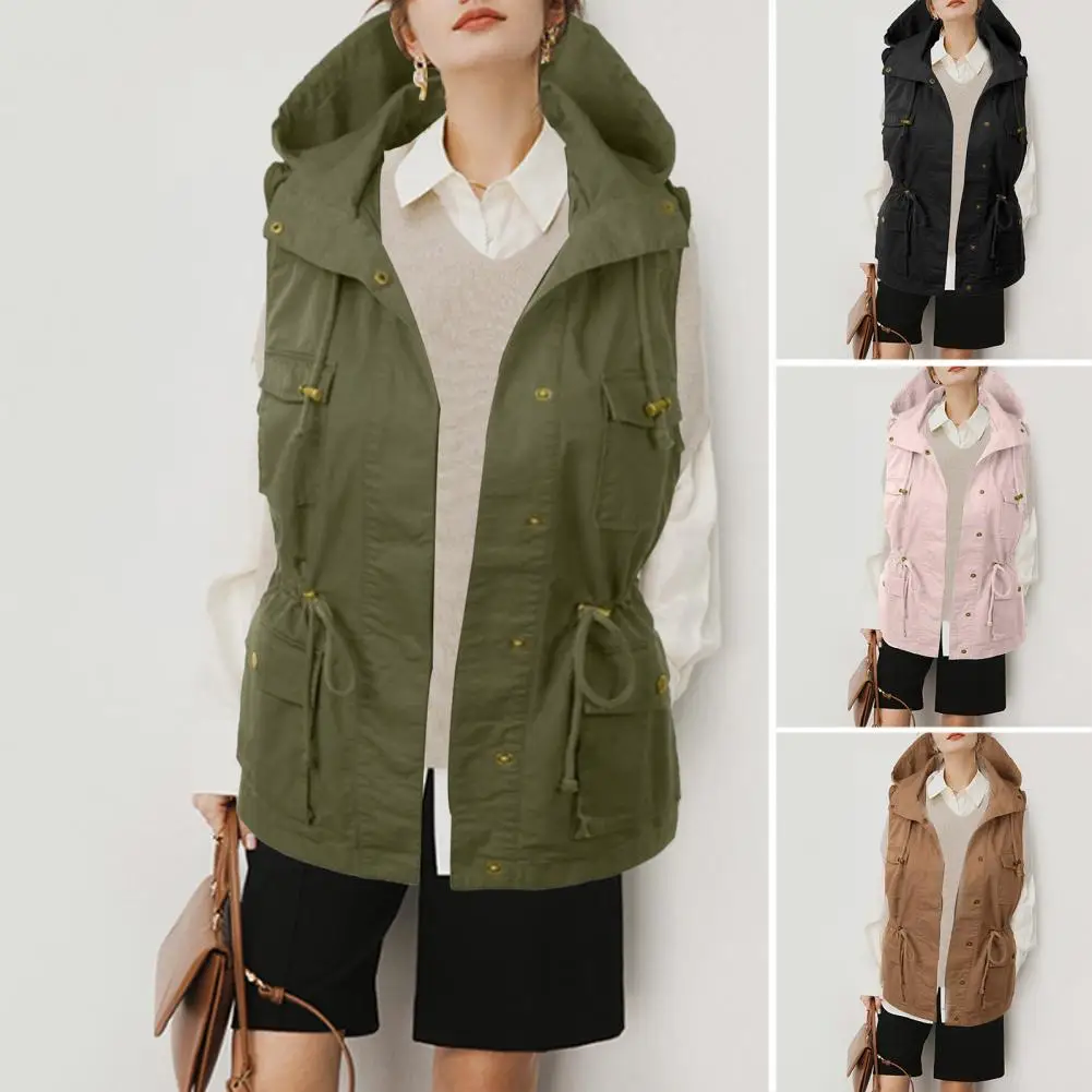 

2022 Women Vest Drawstring Waist Multiple Pockets Hooded Solid Color Sleeveless Warm Single-breasted Plus Size Women Autumn Coat