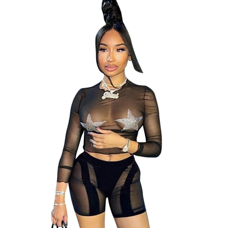 

Star Gauzes Tops Solid Black See-through Shirts Dance Long Sleeves Suits