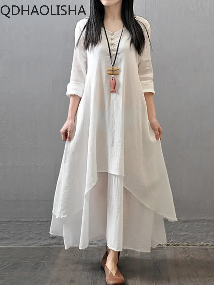 

Женское платье-макси из хлопка и льна, повседневное свободное белое платье с длинным рукавом, большие размеры, лето 2023