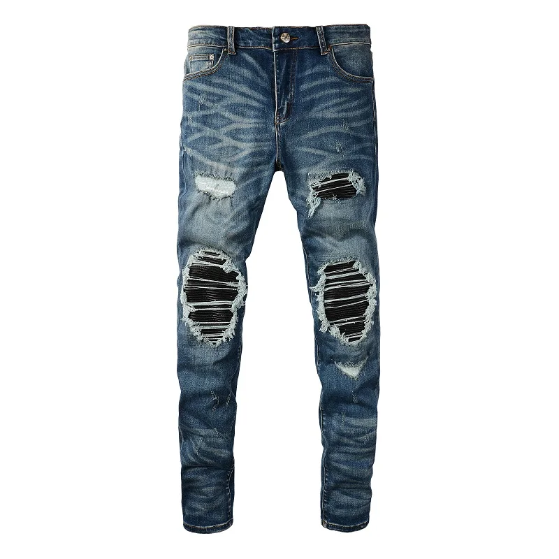 

New Arrivals Men's Blue Distressed Slim Fit Steetwear Style Skinny Stretch High Street Damaged Holes Bandana Ribs Ripped Jeans