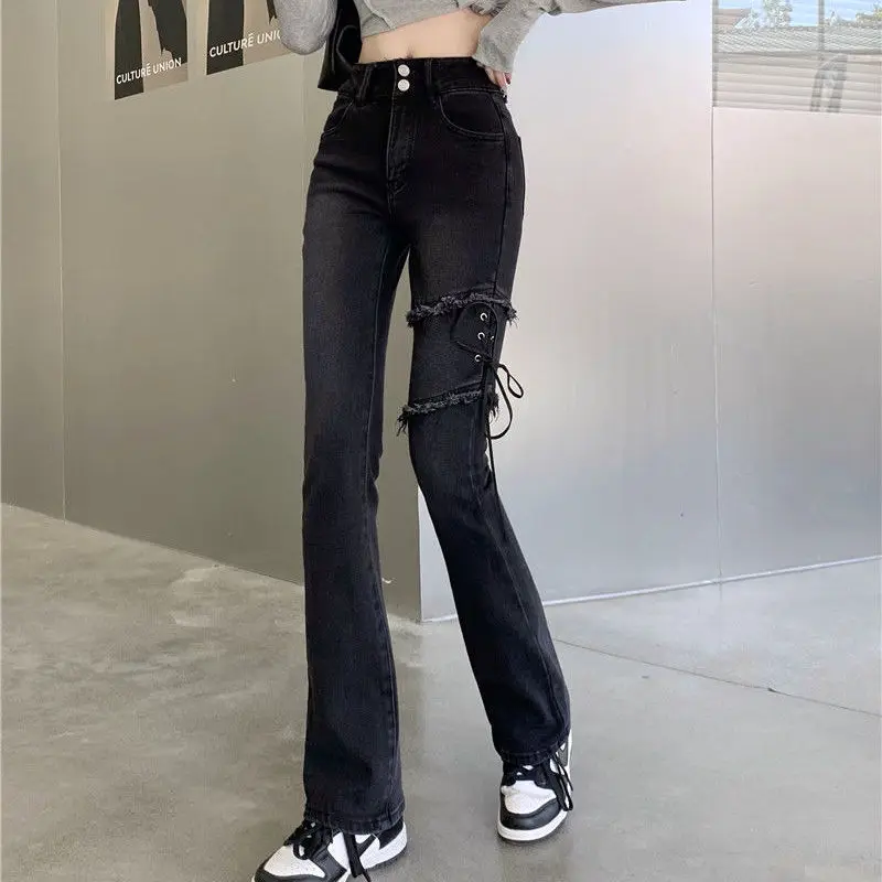 

2022 Spring and Summer New Women's High Waist Elastic Classic Ladies Black Denim Sexy Slim Solid Color Washed Flared Pants E165