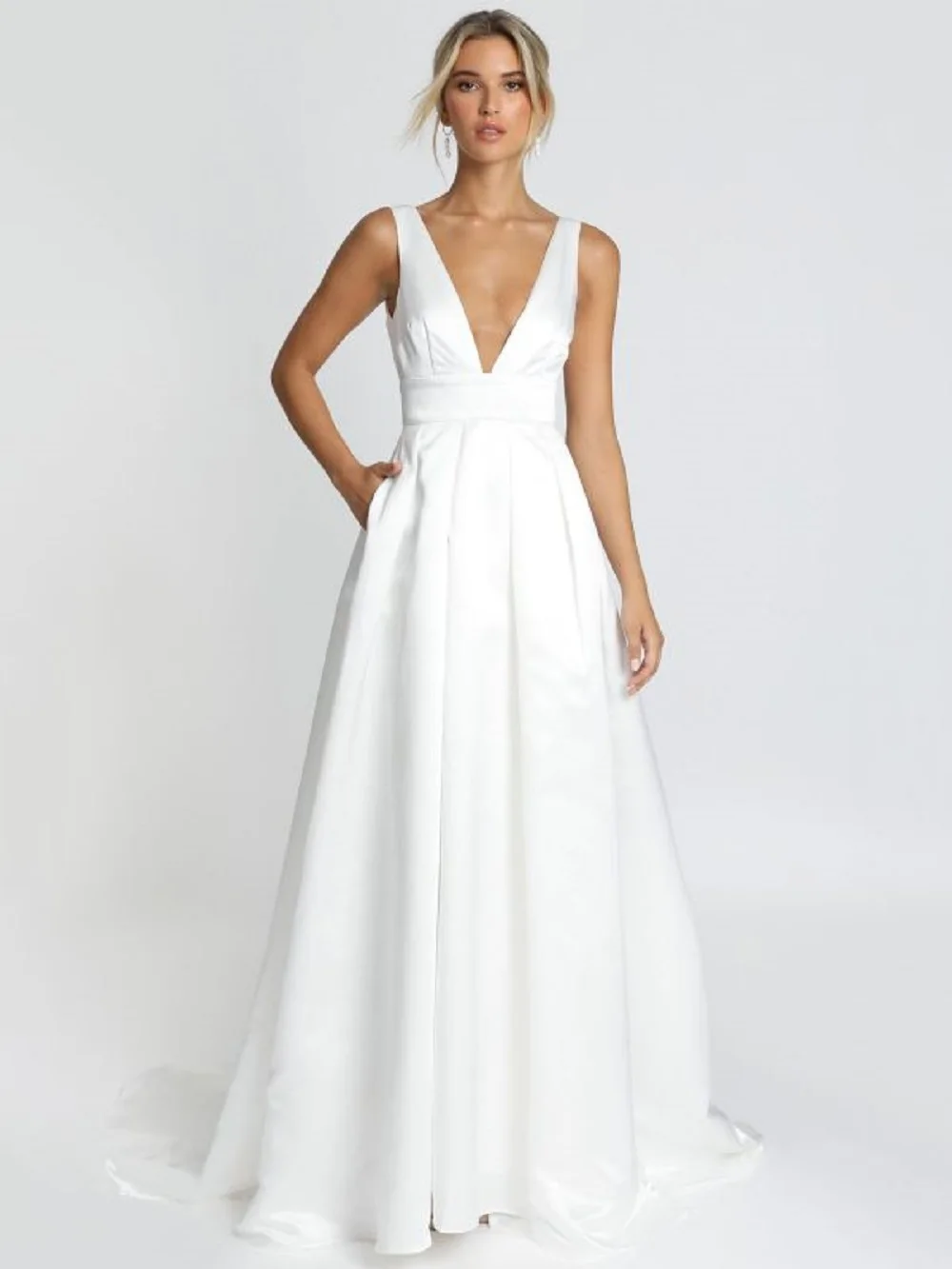 

Women Sexy V Neck Evening Dress Sleeveless White Backless Satin A Line Prom Dress With Pockets Customize Vestidos Robe