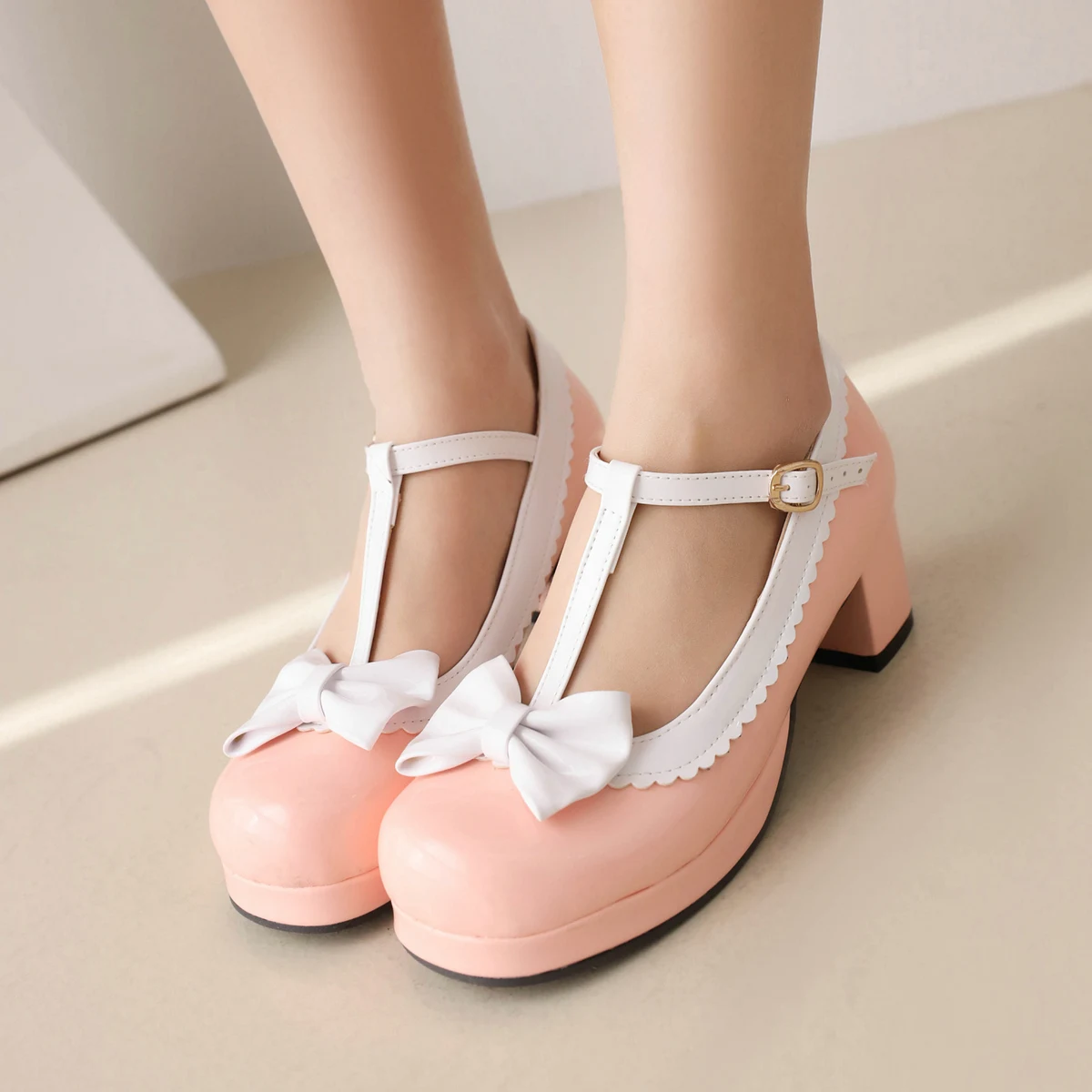 EDEELVEEYS Patent Leather Lolita Mary Jane Shoes Women Red Bowtie Ladies T Strap Chuncky High Heels Pumps Princess Bridal Party