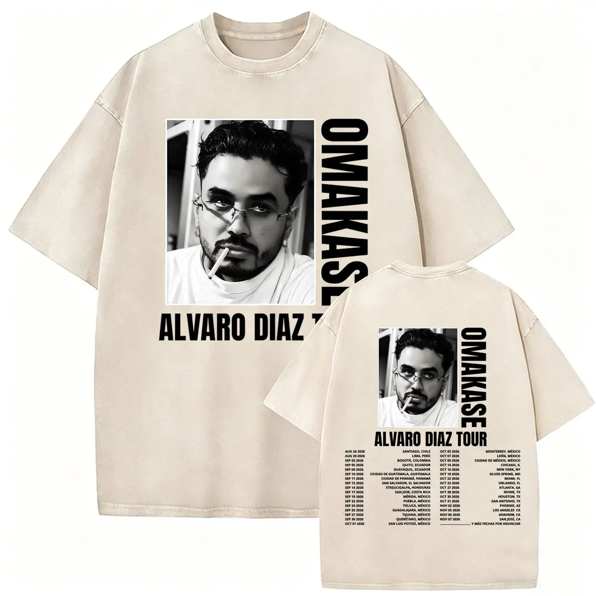 Винтажная футболка с эффектом потертости Omakase Alvaro Diaz Tour Concert, мужская одежда, классические футболки в стиле Харадзюку, хлопковые повседневные футболки оверсайз. (art.: 3920dd066465d) - 3920dd066465d