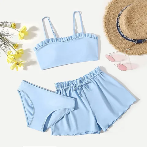 Toddler Girl's 3 Piece Swimsuits Soild Bikini Rullfe Bathing Suit Briefs Girls Bikini Swimwear Girls Bathing Suits with Shirts