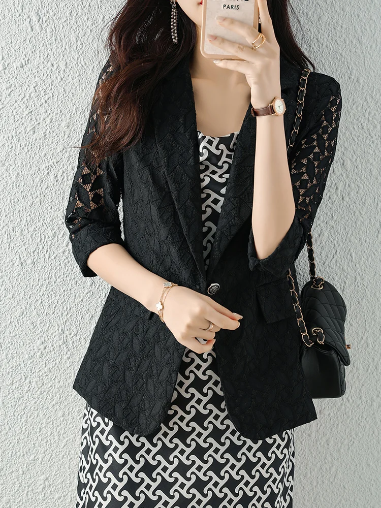 

Solid black women blazer suit casual one button half length hollow out sexy mesh sleeve female coat jacket fashion summer 2022