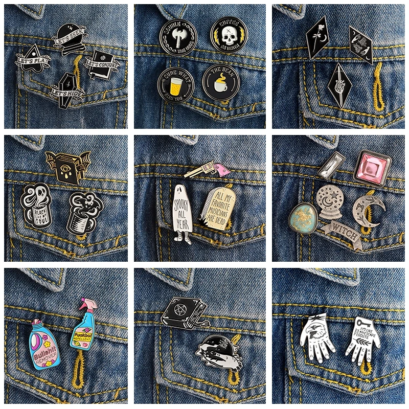 

1-6pcs/set Punk Enamel Pin Witch Ghost Coffin Coffee or Death Brooch Pin Set Denim Jacket Hat Decoration