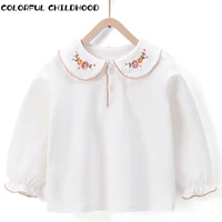 colorful childhood girls bottoming shirt spring girls embroidered lapel pullover sweet flower cotton t shirt 8663
