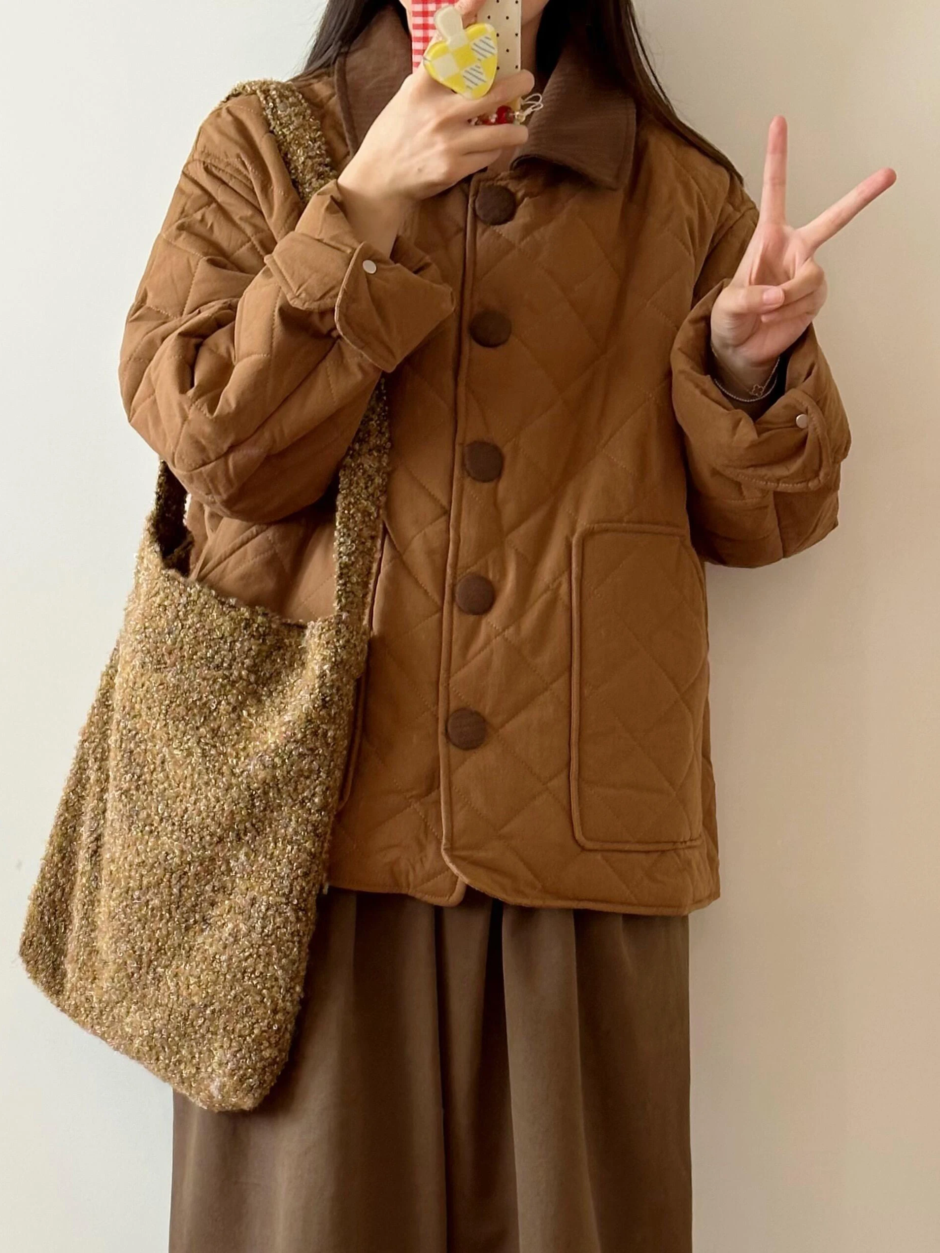 Rhombus Lapel Cotton-Padded Coat Cotton-padded jacket Women's Winter New Loose Retro Small Casual Thickened Warm Cotton-Padde...