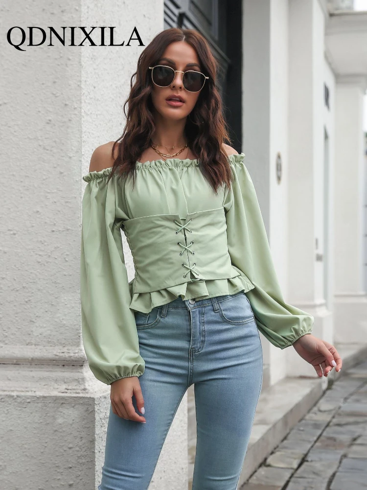 Новая короткая женская блузка с рукавами-фонариками и воротником на талии