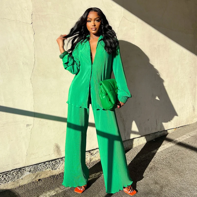 

Женский Повседневный комплект из двух предметов, пикантный однотонный костюм с широкими штанинами, Офисная Дамская куртка с длинным рукавом и лацканами, пиджак, костюмы