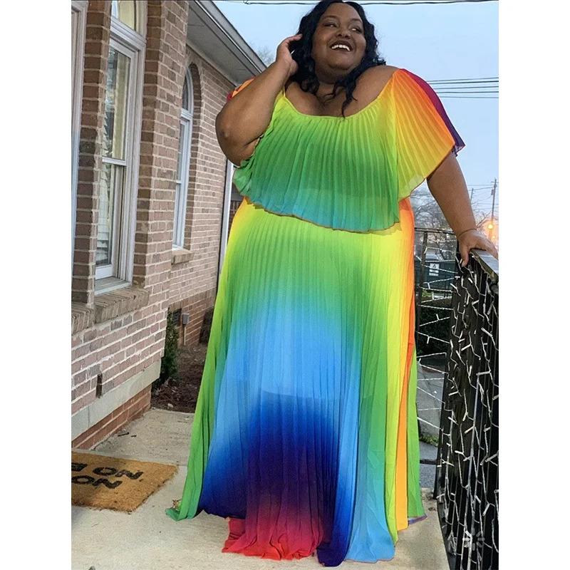 Plus Size Large Women's Dress Color Positioning Print Temperament Pleated Ruffle Dresses New Loose Casual Female Clothes