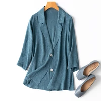 summer natural silk high quality thin womens blazers ladies tops solid casual three quarter sleeve single breasted