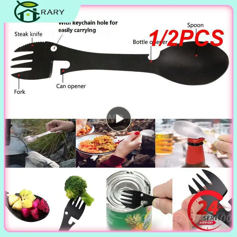 

1/2PCS Stainless steel multi tool bottle can opener spoon cutlery multitool utensil fork tableware camp Picnic flatware Portable