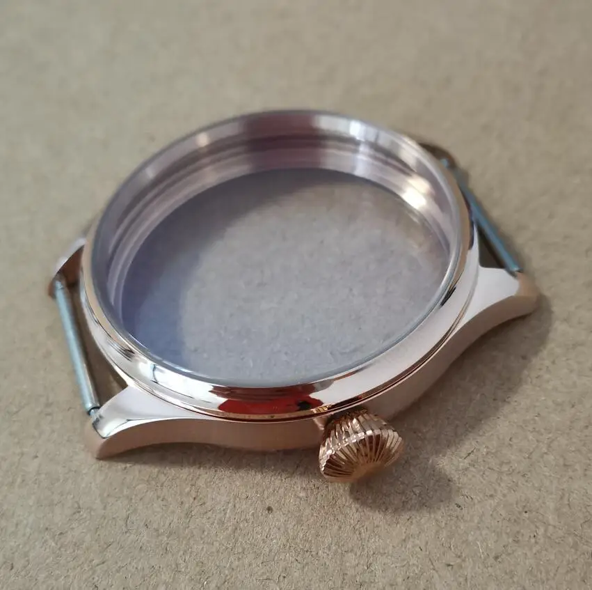 

41mm 316L Stainless steel Rose gold watch case diamond shape crown Blue coated mineral glass Suitable for ETA6497 6498