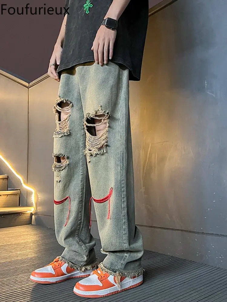 

Мужские рваные джинсовые брюки с вышивкой foufurious, летние винтажные потертые джинсовые брюки, свободные прямые джинсы