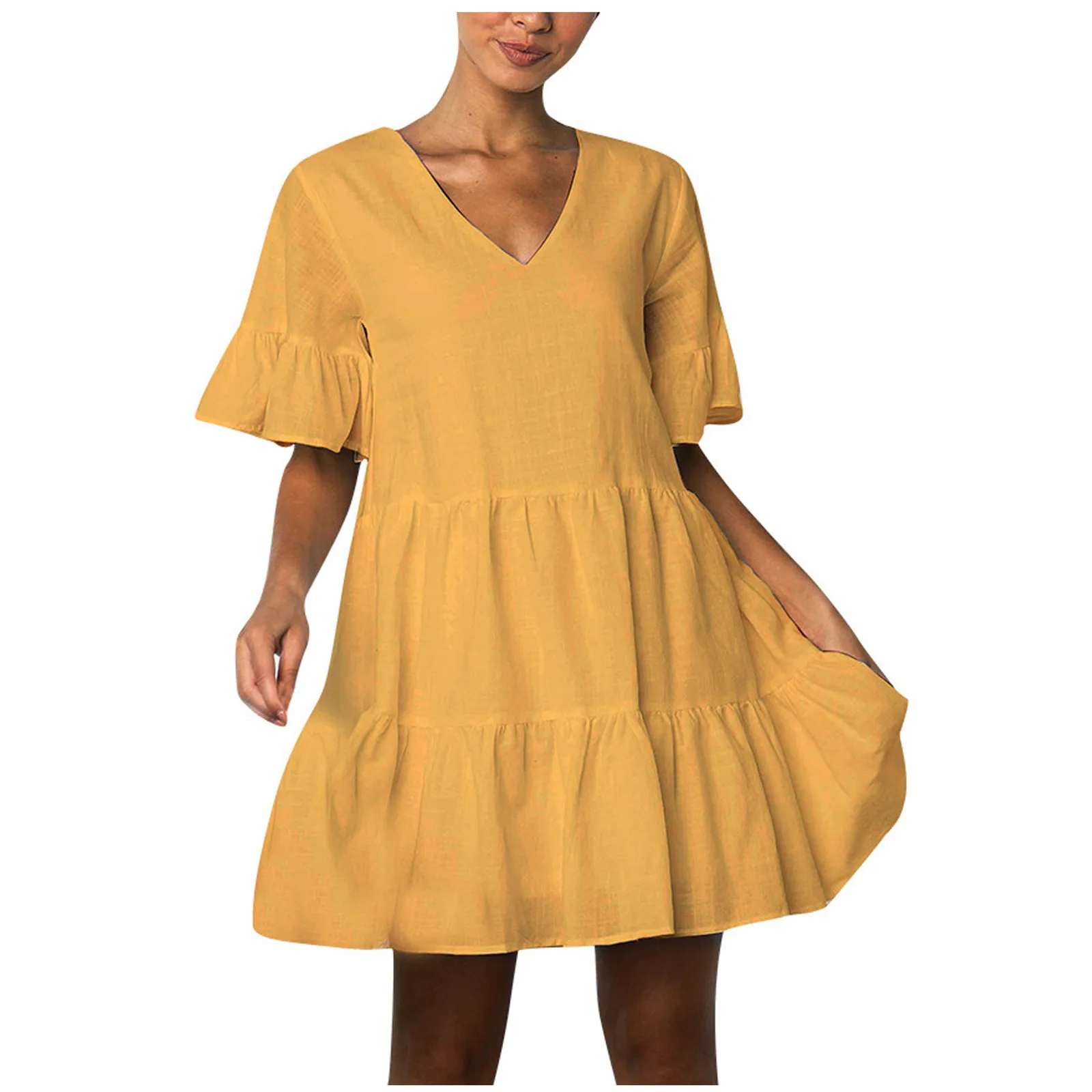 

Women Causual V Neck Ruffles Mini Dress Boho Solid Beach Sundress Summer Short Sleeve Oversized Loose A Line White Dress