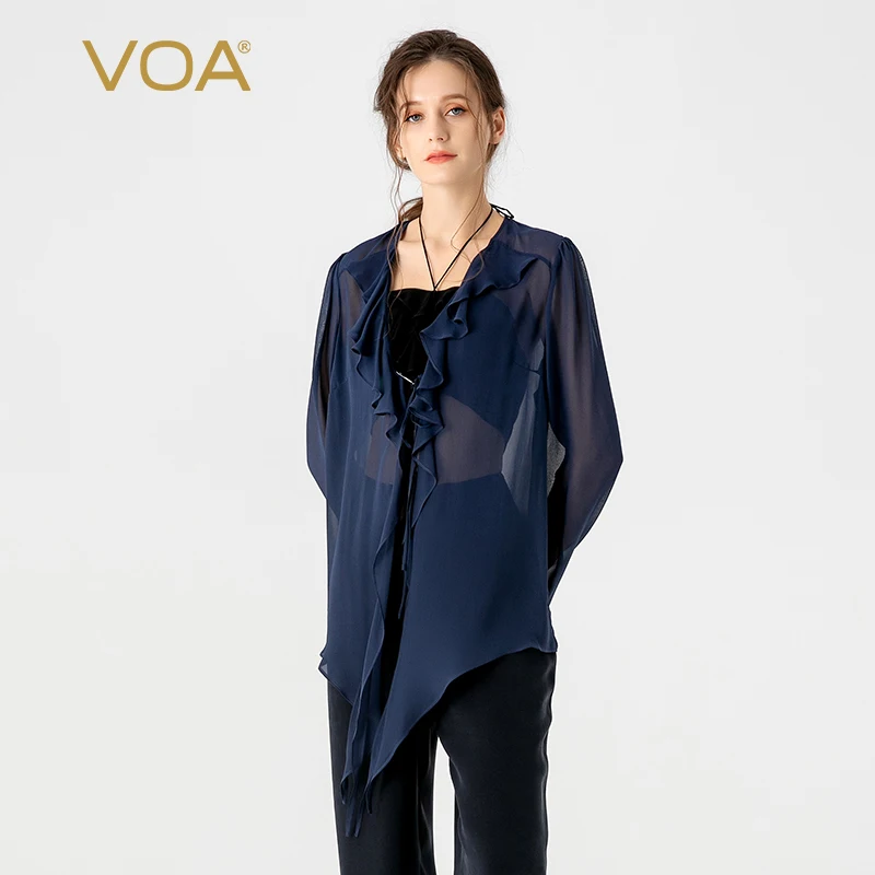

VOA 100% Mulberry Silk 12 Momme Georgette Indigo Blue V-Neck Long Sleeve Thin Coat Elegant Ruffles Lace Up Coat Women WE229