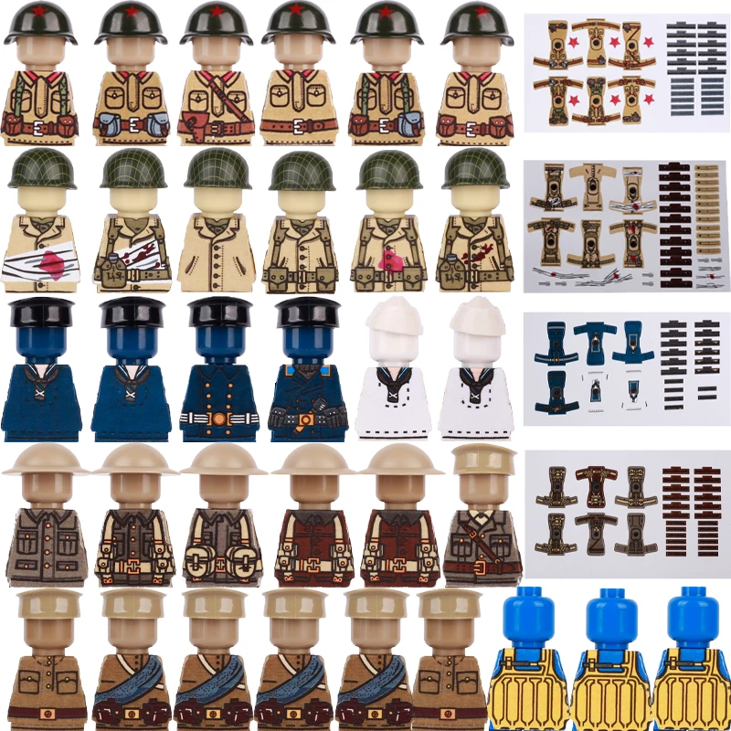 WW2 German Navy Soldier Building Blocks US Soviet Army Figures Sticker Accessories Helmets Life Jacket Military Bricks Toys Kids