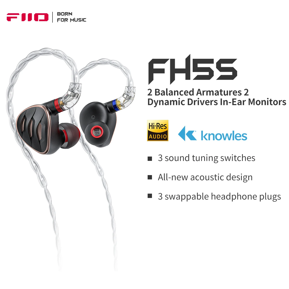 FiiO FH5s 2BA + 2DD наушники-вкладыши/наушники HiFi Бас Звук высокой точности для смартфонов/ПК
