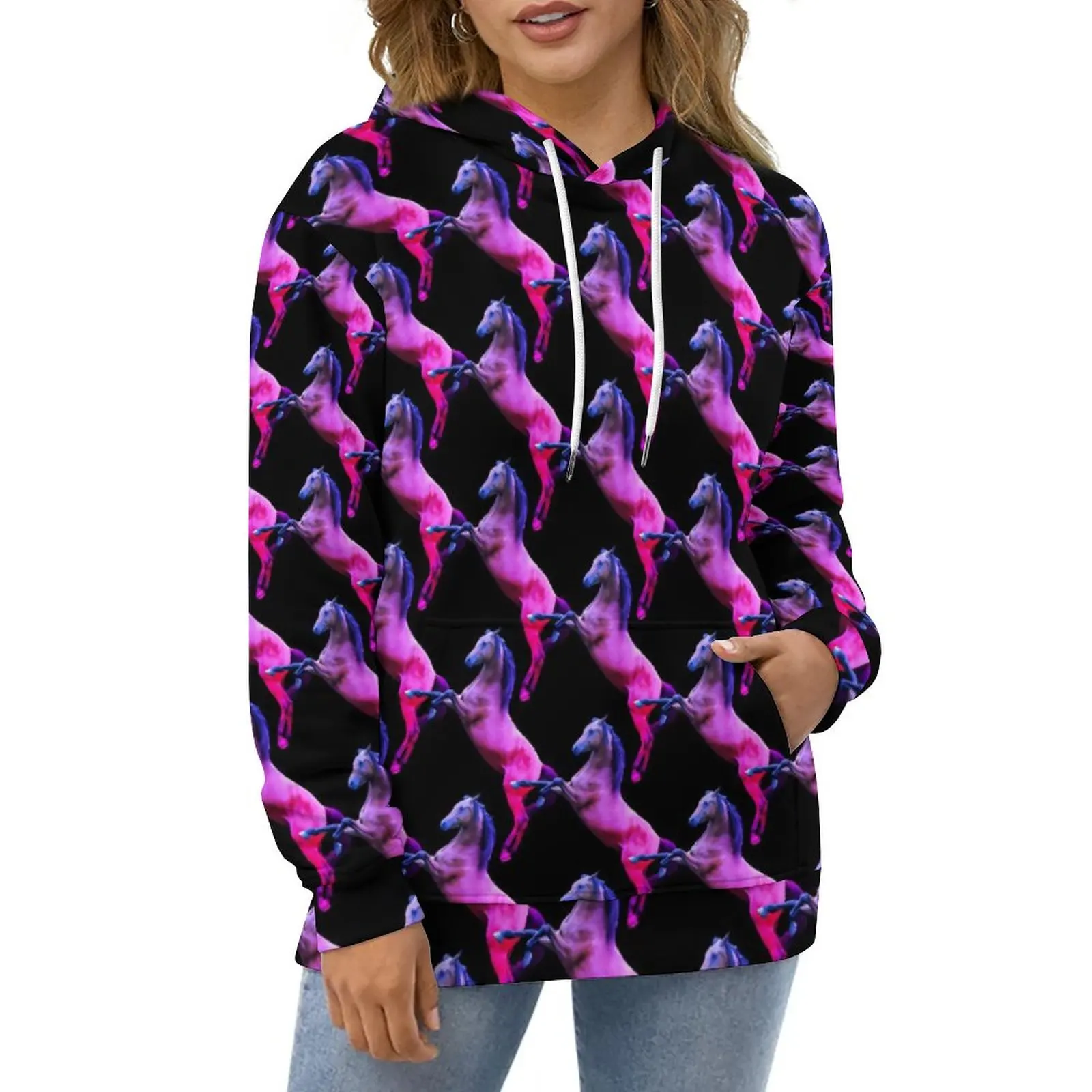 

Pink Horse Casual Hoodies Pretty Animal Print Elegant Graphic Loose Hoodie Winter Long Sleeve Hip Hop Oversized Tops Gift Idea