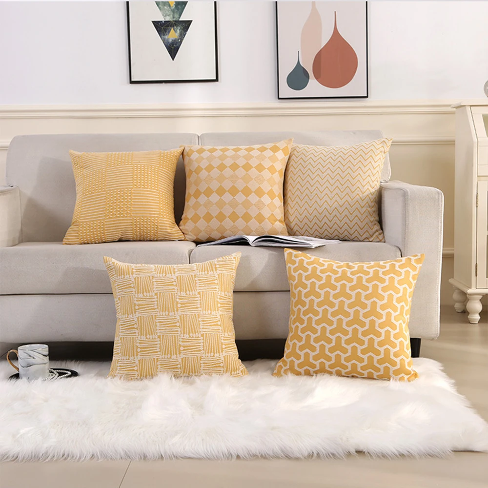 

Simple Pillowcase Geometric Pattern Embroidery Yellow Light Luxury Pillow Cover Living Room Sofa Headboard Cushion Covers 45X45