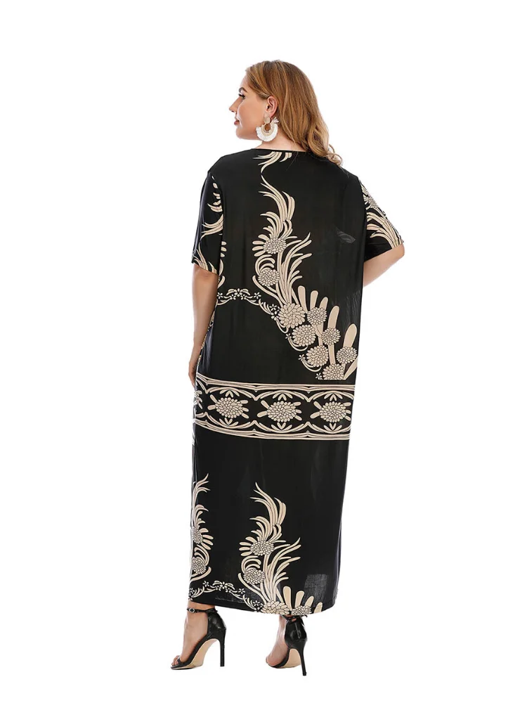 Oversized women's casual dress with printed large swing style plus size dresses robe longue rose grandes tailles