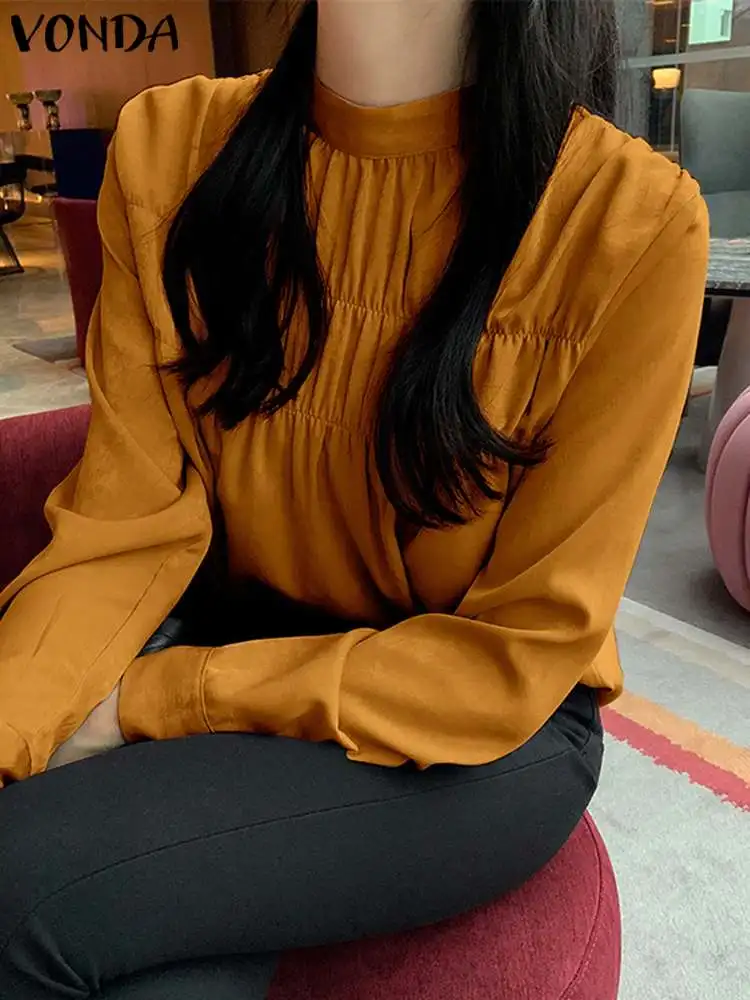 

VONDA Fashion Stand Collar Shirts Women's Elegant Blouses 2022 Spring Long Sleeve Ruffled Pleated Party Blusas Casual Top Tunic
