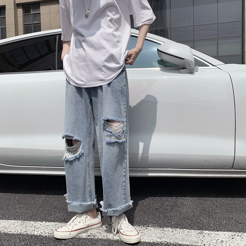 Men's Spring and Summer Ripped Jeans Trendy Korean Style Straight Loose Wide Leg Ninth Pants Casual Versatile Long Pants