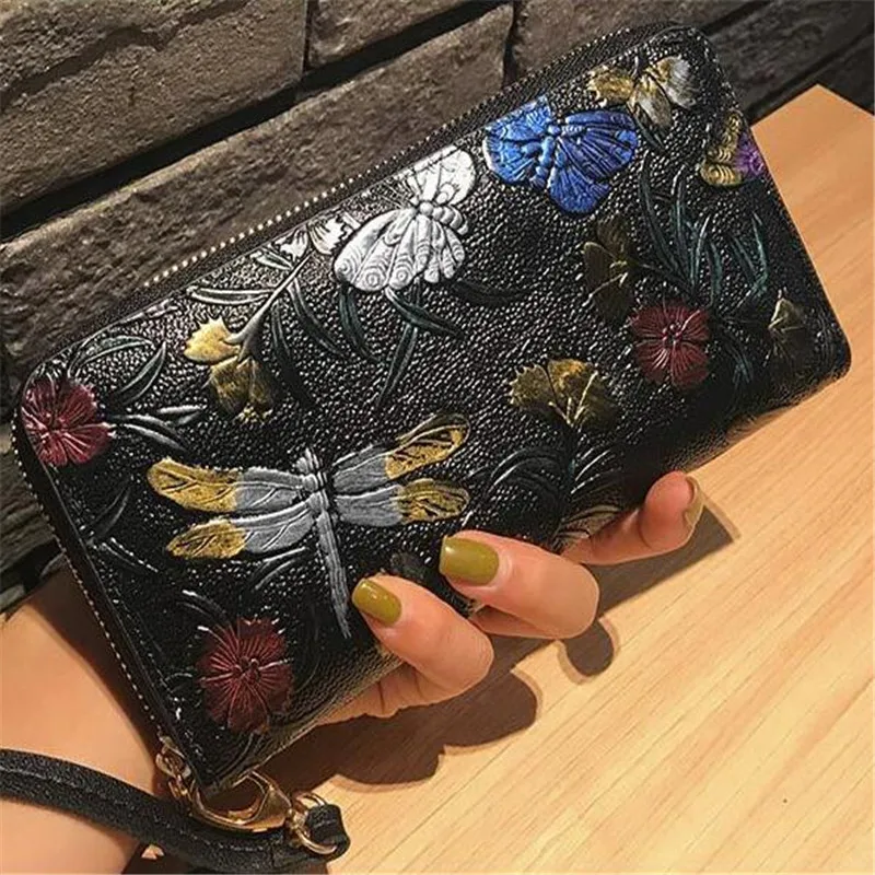 

Women Long Wallet Genuine Leather 3D Embossing Rose Dragonfly Butterfly Clutch Women Bag Large Capability Zipper Wristlet Purse