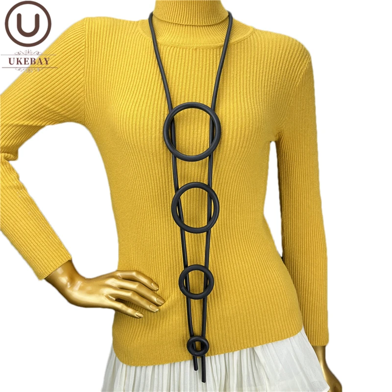 

UKEBAY New Long Statement Necklace Women Handmade Rubber Sweater Chain Round Pendant Necklaces Gothic Geometric Jewelry