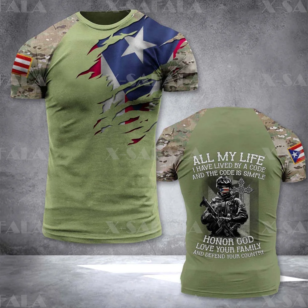 

Summer 2022 Puerto Rico ARMY-VETERAN T-Shirt Men's Army Soldier Field T-Shirt Top Veterans Camouflage Print Commando T-Shirt Top