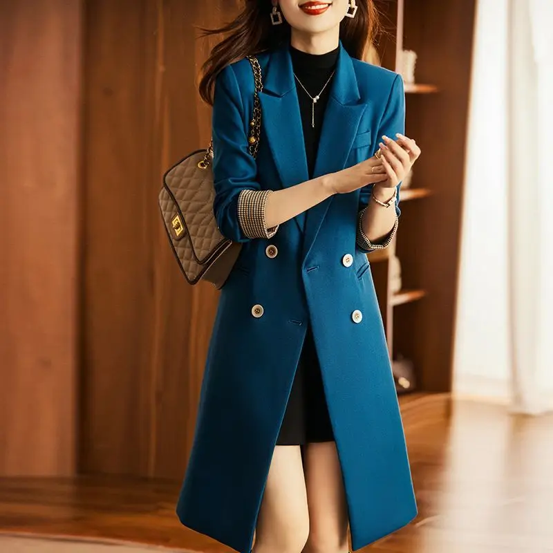 Woman Temperament Double Button Long Suit Coat Female Knee Length Windbreaker Ladies Winter New Clothes Top Trench Coats G270