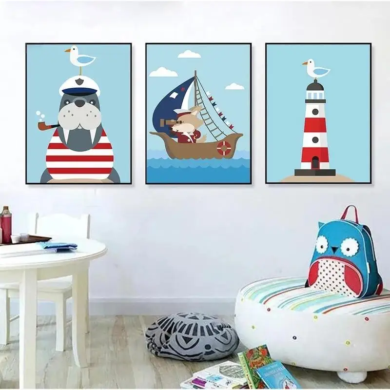 

Mediterranean Style Nursery Wall Art Sailboat Sailor Pirate Cartoon Poster Canvas Painting Modern Home Decor for Kids Baby Room