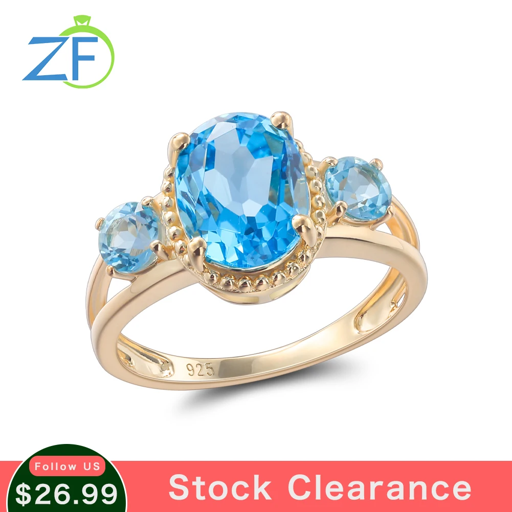 

GZ ZONGFA Pure 925 Sterling Silver Ring for Women Mystic Natural Blue Topaz 4 Carats 14K Gold Plated Fashion Fine Jewelry