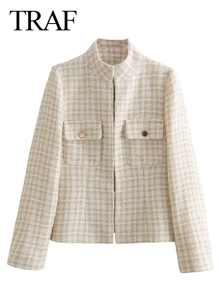 

TRAF Women New Fashion Casual Button Tweed Jacket Woman Long Sleeve Female Plaid Blazers Turtleneck Textured Office Blazer