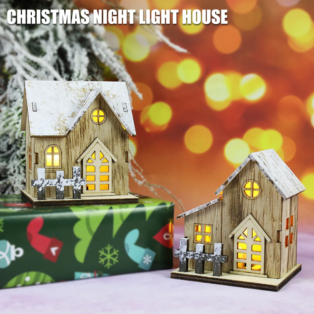 

Christmas Wooden House Ornaments LED Glowing Log Cabin Ornaments Miniature Snow Scene Village Houses Battery Operated Desktop