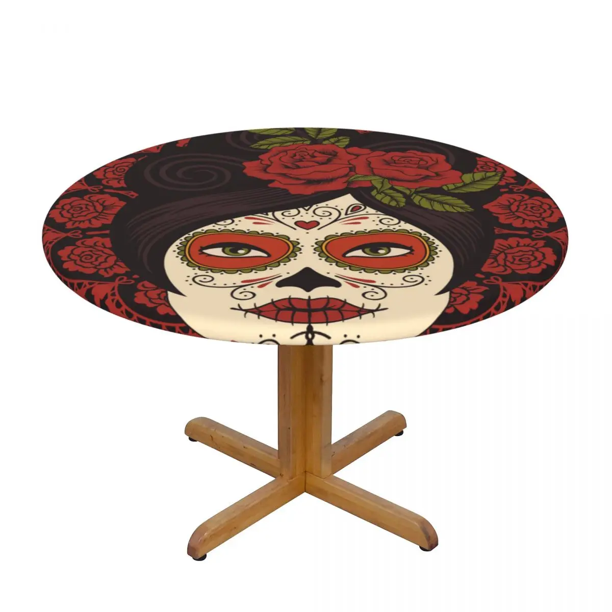 

Round Table Cover for Dining Table Elastic Tablecloth Mexican Skull Girl Fitted House Hotel Decoration
