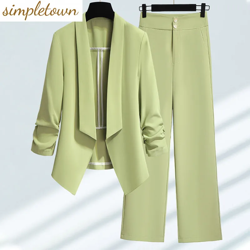 Korean Style Slim Fitting Thin Jacket Blazer Casual Wide Leg Pants Two-piece Elegant Women's Pants Set Summer Office Outfits