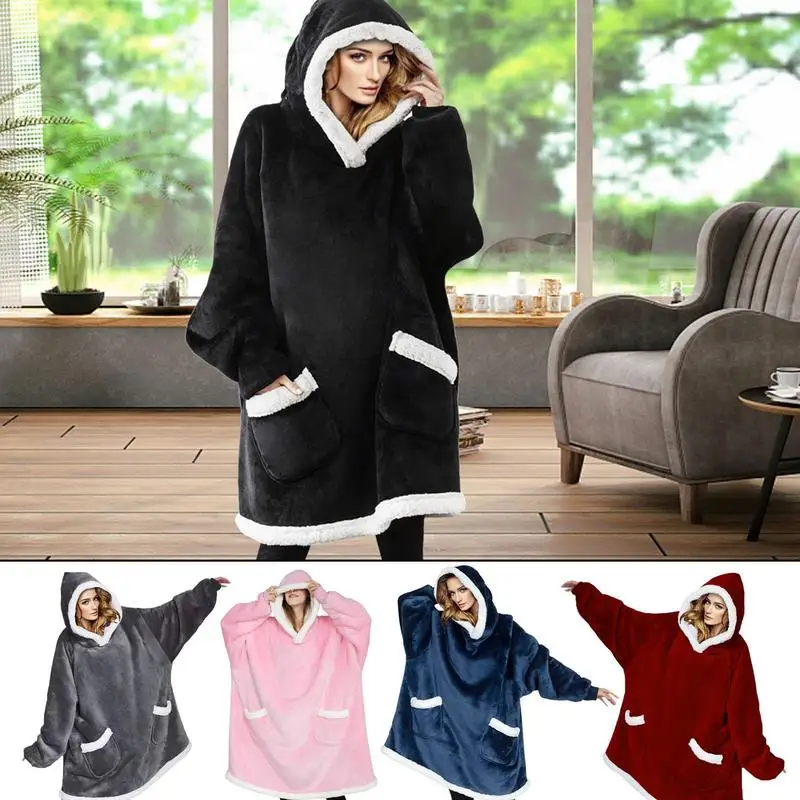 

Winter Hooded Blanket With Sleeves For Adult Flannel Wearable Blanket Wrap Large Comfy Robe Sweatshirt Ultra Plush Warm Blanket