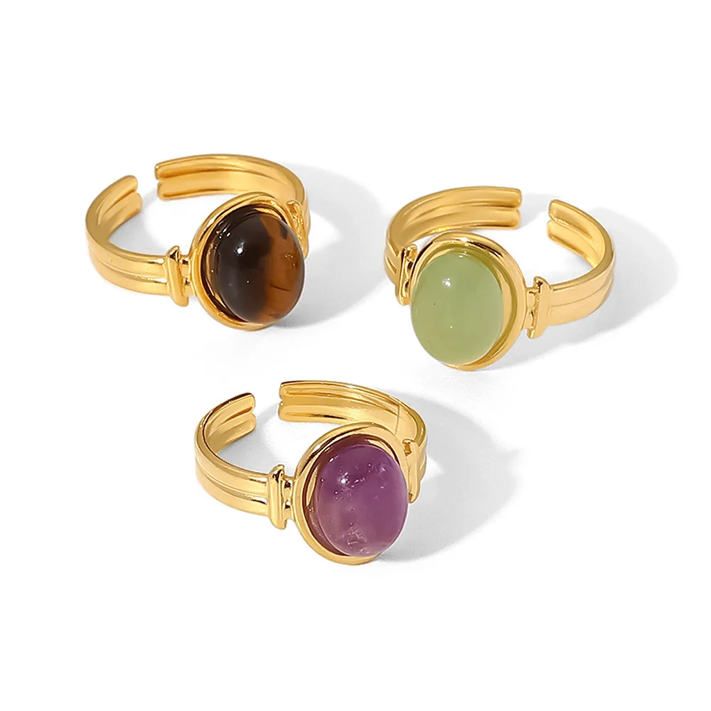 

Trend INS Celebrity Same Style Ring Oval Tiger Eye/Green/Purple Semi-precious Stone Open Ring Women's Jewelry KPOP Accessories