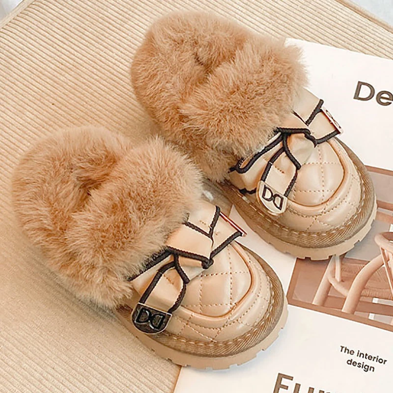 Kids Shoes Girls Shoes Winter Warm Plush Girls Dress Shoes PU Leather Loafers Bowknot Cotton Girls Shoes Kids