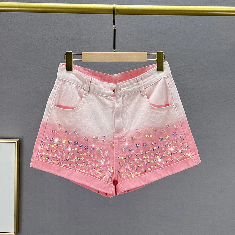 Sequined Denim Shorts Women's Fashion 2023 New Summer High Waist Loose Slim European Station Flanging Wide-Leg Hot Short Pants