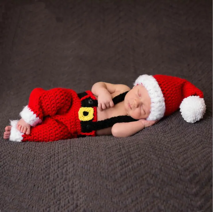 

Baby Knitting Long Tail Christmas Hat Newborn Photography Props Santa Claus Crochet Pompon Baby Hats Baby Photo Props