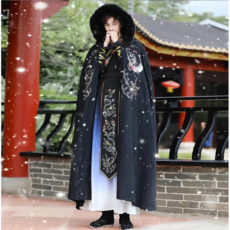 Зимняя Теплая мужская накидка Hanfu традиционная китайская черная с вышивкой