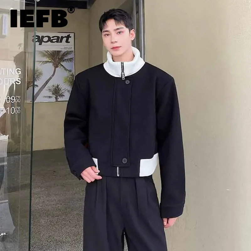 

IEFB Autumn Winter Men's Thickened Short Woolen Coat Personality Contrast Color Wide Shoulder Casual Outerwear Trend New 9C2844