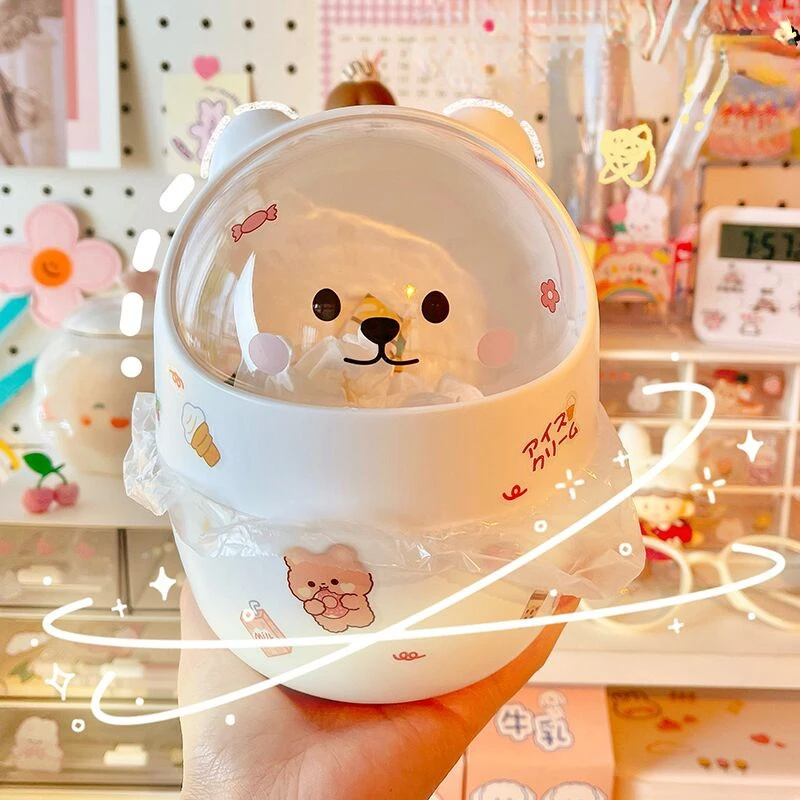 

Trash Can Organizer Ins Desktop with Lid Kawaii Cute Bear Trash Bin Storage Box Girl Pen Holder Storage Bucket with Flip Top
