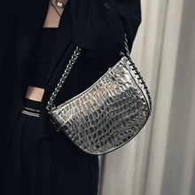 Womens Shoulder Bag Silver Bright Hand Woven Metal Chain Design Semi-circular Crescent Bag Head Leather Luxury Womens Brand Bag